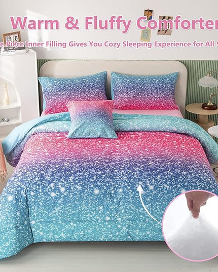 PERFEMET Girls Comforter Set Queen Size, 6 Piece Bed in A Bag, Colorful Rainbow Bedding Set with Comforter and Sheet, Gradient Pink Glitter Galaxy Bed Set for Teen Girls Kids Women, Blue Turquoise - LeafyLoom