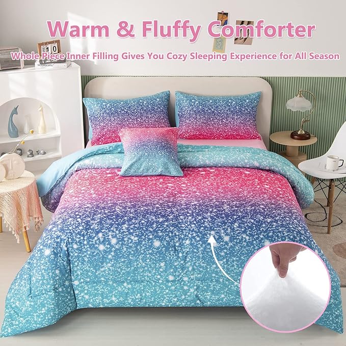 PERFEMET Girls Comforter Set Queen Size, 6 Piece Bed in A Bag, Colorful Rainbow Bedding Set with Comforter and Sheet, Gradient Pink Glitter Galaxy Bed Set for Teen Girls Kids Women, Blue Turquoise - LeafyLoom