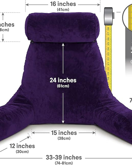 Husband Pillow XXL Purple Backrest with Arms - Adult Reading Pillow with Shredded Memory Foam, Ultra-Comfy Removable Microplush Cover & Detachable Neck Roll, Unmatched Support Bed Rest Sit Up Pillow - LeafyLoom
