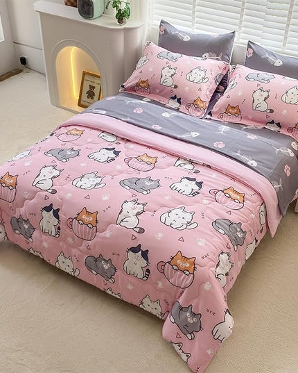7 Piece Girls Cats Comforter Set Twin Size Bed in A Bag Pink Cute Cartoon Pet Cat Bedding Set for Kids Boys Teens (1 Comforter, 1 Flat Sheet, 1 Fitted Sheet, 4 Pillow Sham) Gray - LeafyLoom