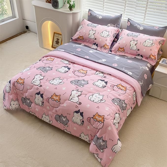 7 Piece Girls Cat Comforter Set Full Size Bed in A Bag Pink Cute Cartoon Pet Cats Bedding Set for Kids Boys Teens (1 Comforter, 1 Flat Sheet, 1 Fitted Sheet, 4 Pillow Sham) Gray - LeafyLoom