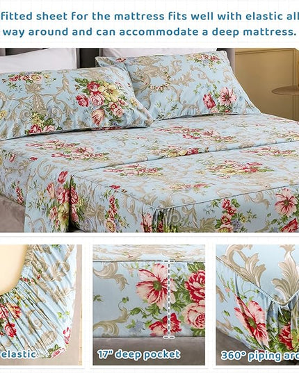 QSH Floral King Size Sheet Sets - Luxury Peony Flower Print Pattern Egyptian Cotton Printed Bedding Sheets 4pcs Extra Soft and Breathable 17.5" Extra Deep Pocket King Size Sheets - LeafyLoom