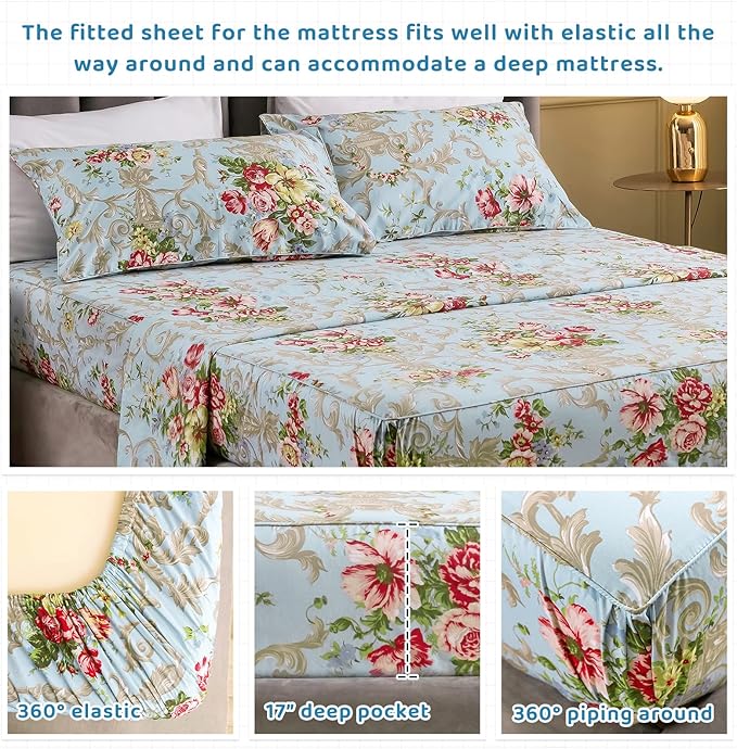 QSH Floral King Size Sheet Sets - Luxury Peony Flower Print Pattern Egyptian Cotton Printed Bedding Sheets 4pcs Extra Soft and Breathable 17.5" Extra Deep Pocket King Size Sheets - LeafyLoom