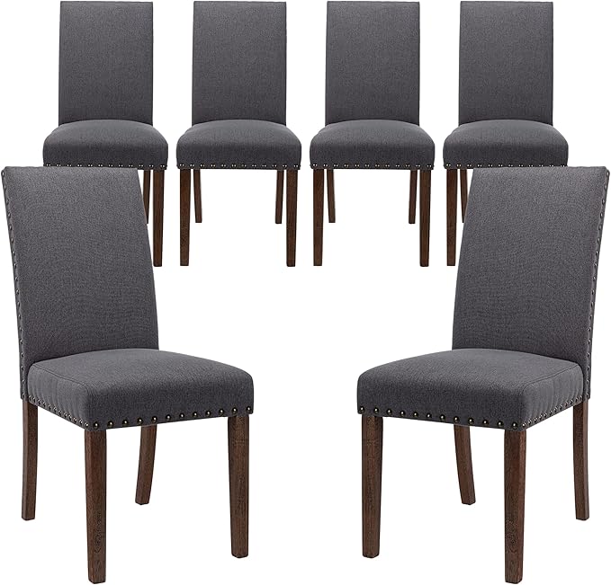 COLAMY Modern Wood Dining Chairs Set of 6, Parsons Dining Chairs, 19 Inch Padded Dining Chairs with Nailed Trim for Kitchen Dining Living Room, Grey - LeafyLoom