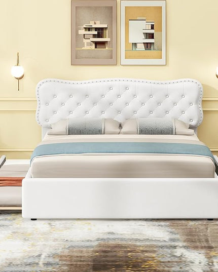 Queen Size Linen Upholstery Platform 2 Storage Drawers and Trundle,Solid Pine Wood Bedroom Bed Frame w/Headboard & Slat Support,for Kids Teens Adults,White - LeafyLoom