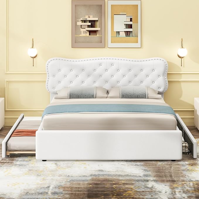 Queen Size Linen Upholstery Platform 2 Storage Drawers and Trundle,Solid Pine Wood Bedroom Bed Frame w/Headboard & Slat Support,for Kids Teens Adults,White - LeafyLoom