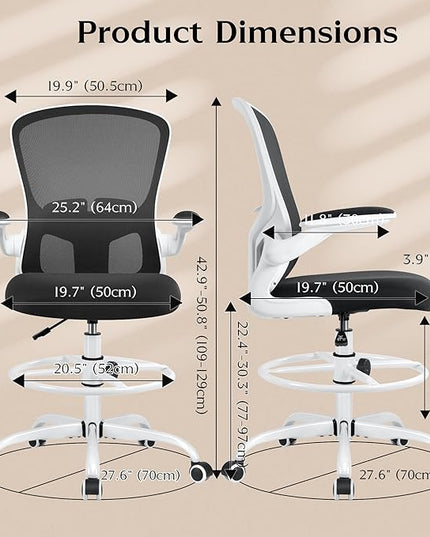 FelixKing Drafting Chair, Tall Office Chairs with Footrest Ring, Home Standing Desk High Chair with Lumbar Support Adjustable Counter Height Ergonomic Swviel Rolling Chairs for Working (White) - LeafyLoom