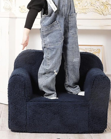 Kids Snuggly-Soft Sherpa Chair, Cuddly Toddler Foam Chair for Boys and Girls, Dark Blue - LeafyLoom