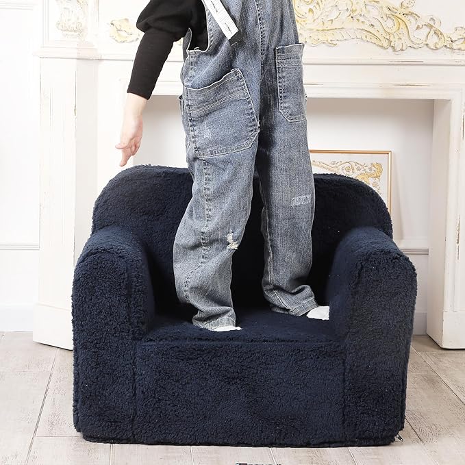 Kids Snuggly-Soft Sherpa Chair, Cuddly Toddler Foam Chair for Boys and Girls, Dark Blue - LeafyLoom