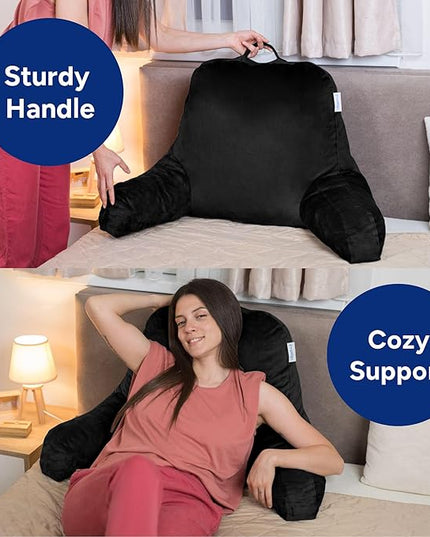ComfortSpa Reading Pillow for Bed Adult Size, Back Rest Pillow with Arms, Pockets and Washable Cover; Use as Bed Pillows for Sitting Up in Bed for Bedrest or Relief from GERD Heartburn (Black) - LeafyLoom