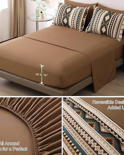 Dinjoy Brown Boho Comforter Set Queen Size,7 Pieces Bed in a Bag Queen Coffee Western Bedding Sets with Sheets Bohemian Geometric Striped Complete Set Aztec for All Seasons Summer 90"x90" - LeafyLoom