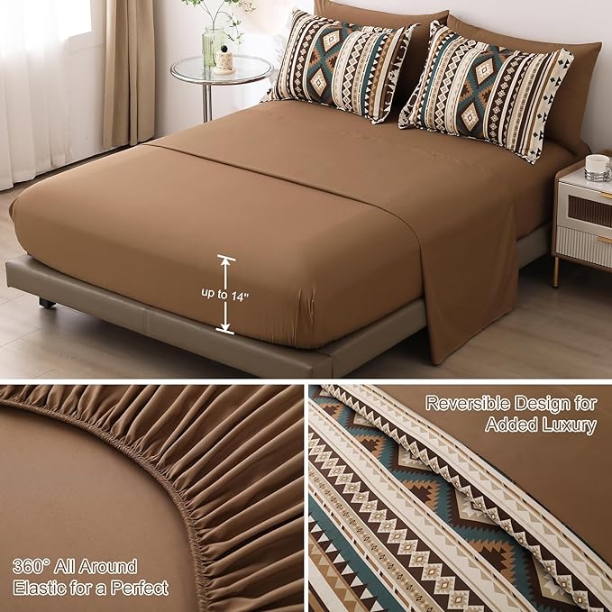Dinjoy Brown Boho Comforter Set Queen Size,7 Pieces Bed in a Bag Queen Coffee Western Bedding Sets with Sheets Bohemian Geometric Striped Complete Set Aztec for All Seasons Summer 90"x90" - LeafyLoom