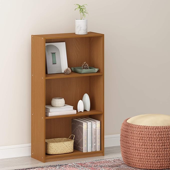 FURINNO Basic 3-Tier Bookcase/Bookshelf/Storage Shelves, Natural Oak - LeafyLoom