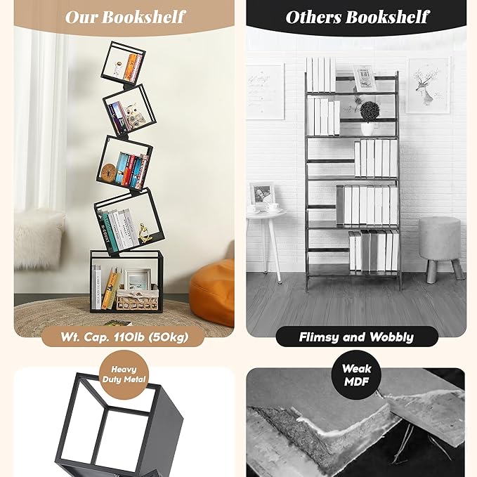 Bookshelf, Book Shelf, 5 Tier Bookshelf, Black Bookshelf, 67'' Tall, Modern Bookshelf for Books/CDs/Home Decor, Bookcase for living room, dining room, bedroom, nursery room - LeafyLoom