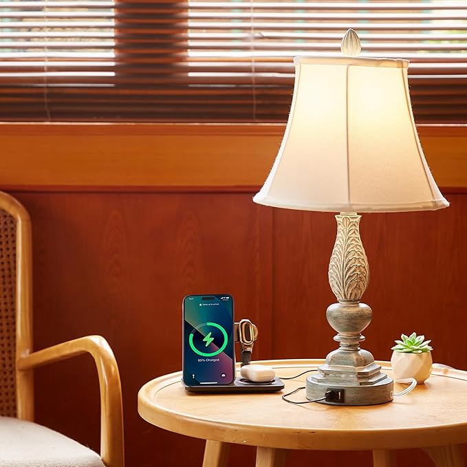 Set of 2 Touch Lamp for Bedroom Nightstand, 23.5'' Table Lamps Desk Lamps with USB Charging Port, Vintage Rustic Farmhouse Lamps for Living Room Home Office Dorm(Blue Washed Finish) - LeafyLoom
