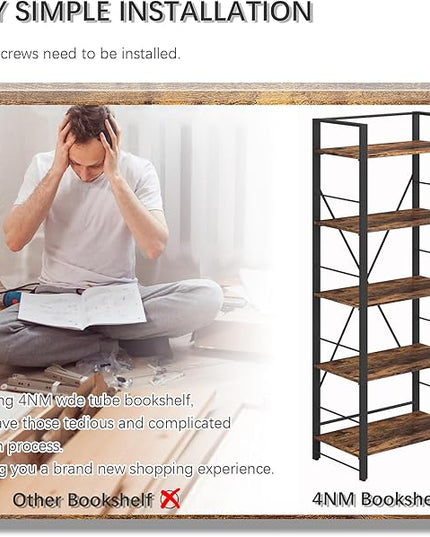 4NM Bookshelf 5 Tier Industrial Bookcase Home Office Adjustable Bookshelves Storage Shelves Organizer Vintage Book Shelf Display Rack for Living Room, Bedroom,Home- Rustic Brown - LeafyLoom