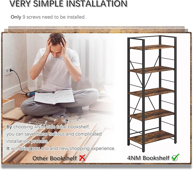 4NM Bookshelf 5 Tier Industrial Bookcase Home Office Adjustable Bookshelves Storage Shelves Organizer Vintage Book Shelf Display Rack for Living Room, Bedroom,Home- Rustic Brown - LeafyLoom