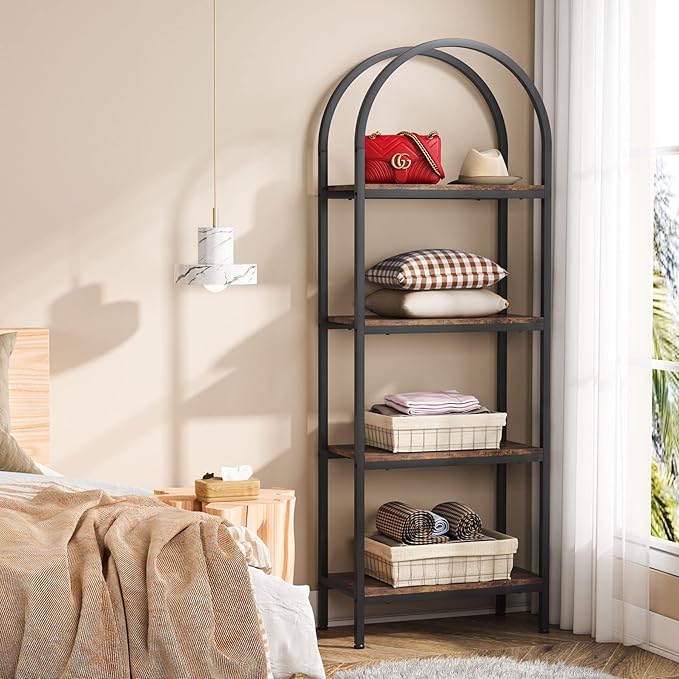 Tribesigns 4-Tier Open Bookshelf, 70.8" Industrial Arched Bookcase Storage Shelves with Metal Frame, Freestanding Display Rack Tall Shelving Unit for Office, Bedroom (Rustic Brown, 1PC) - LeafyLoom