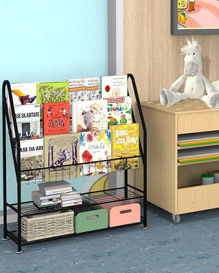 Kids Bookshelf Freestanding for Children Room 32 Inches Large Black Metal Bookcase Large Capacity Books Toys Organizer Stable 5 Tiers Kids Book Rack for Playroom Bookstore Library - LeafyLoom