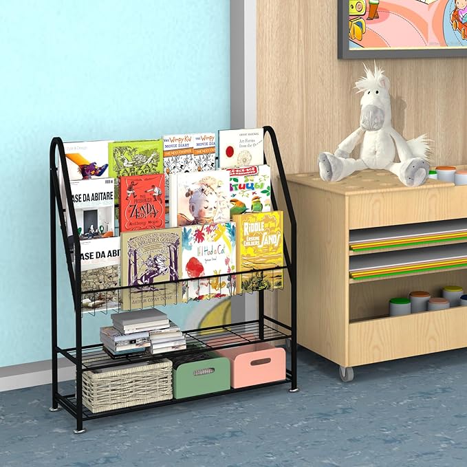 Kids Bookshelf Freestanding for Children Room 32 Inches Large Black Metal Bookcase Large Capacity Books Toys Organizer Stable 5 Tiers Kids Book Rack for Playroom Bookstore Library - LeafyLoom