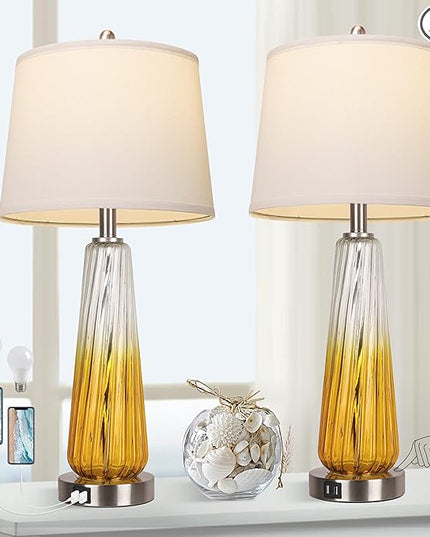Table Lamps Set of 2 with Touch Control, 3-Way Dimmable Modern Glass Bedside Lamps with 2 USB Ports, Nightstand Lamp with White Fabric Shade, 27.5" Large Lamps for Living Room Bedrooms Decorations - LeafyLoom