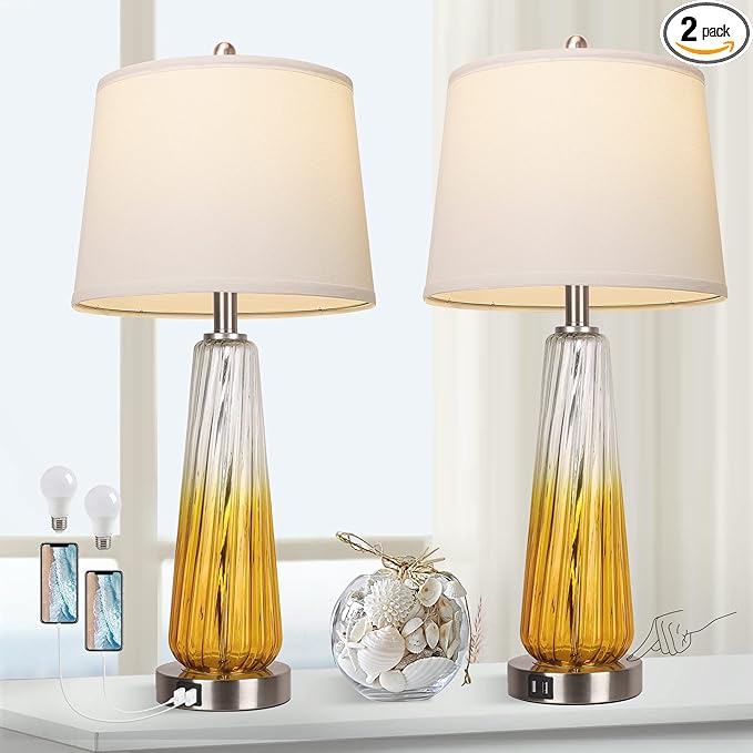 Table Lamps Set of 2 with Touch Control, 3-Way Dimmable Modern Glass Bedside Lamps with 2 USB Ports, Nightstand Lamp with White Fabric Shade, 27.5" Large Lamps for Living Room Bedrooms Decorations - LeafyLoom