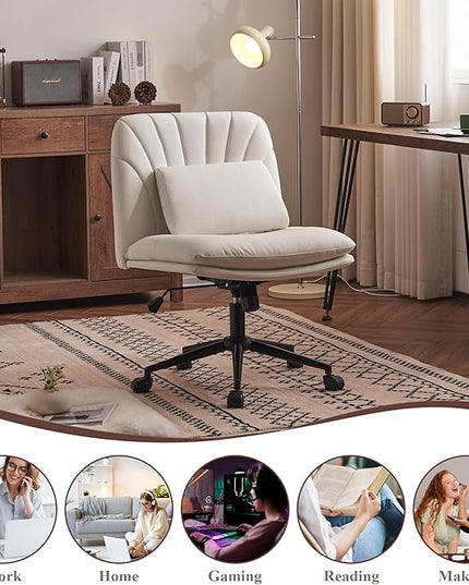 Criss Cross Chair Armless Office Chair Desk Chair with Wheels Pu Leather Cross Legged Office Chair, Wide Desk Chairs Computer Chair Swivel Vanity Chair with Lumbar Cushion for Home & Office - LeafyLoom