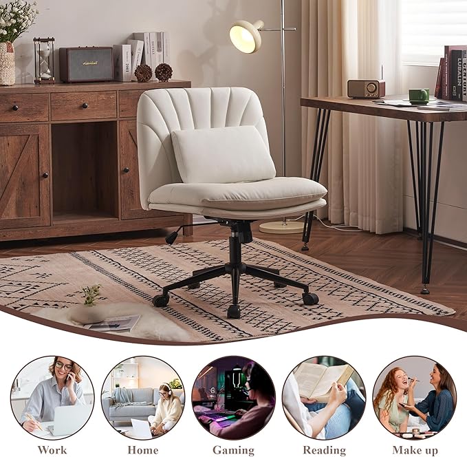 Criss Cross Chair Armless Office Chair Desk Chair with Wheels Pu Leather Cross Legged Office Chair, Wide Desk Chairs Computer Chair Swivel Vanity Chair with Lumbar Cushion for Home & Office - LeafyLoom
