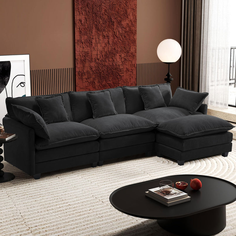 Ihanherry 111.4" L Shaped Modern Sofa Modular Sectional Cloud Couch with Ottoman, 4-Seat Chenille Deep Seat Sofa with Pillow for Living Room, Bedroom and Apartment, Beige LeafyLoom