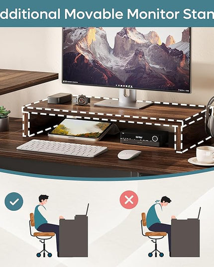 Bestier Lift Top L Shaped Desk with File Drawer, 55'' x 55'' Office Desk with Reversible Storage Drawers, L Shaped Standing Desk with Computer Monitor Stand (Walnut, 55'' x 55'') - LeafyLoom