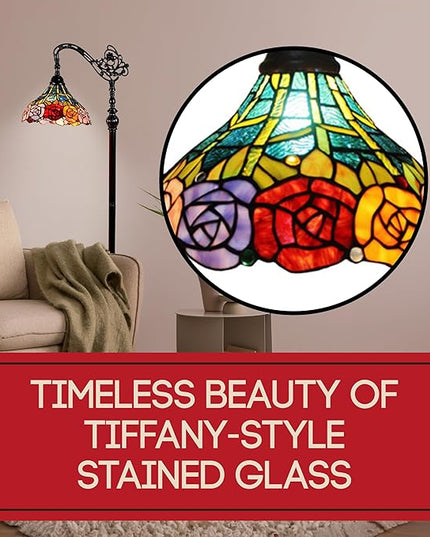 Amora Tiffany Floor Lamp - Arched, Stained Glass 62” with Foot Switch Operation and Adjustable Lamp Shade - Custom Handcrafted Floor Lamps for Living Room in Red Yellow Green Rose Flower - LeafyLoom