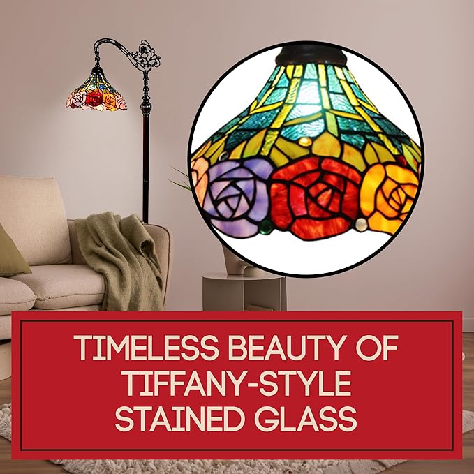 Amora Tiffany Floor Lamp - Arched, Stained Glass 62” with Foot Switch Operation and Adjustable Lamp Shade - Custom Handcrafted Floor Lamps for Living Room in Red Yellow Green Rose Flower - LeafyLoom