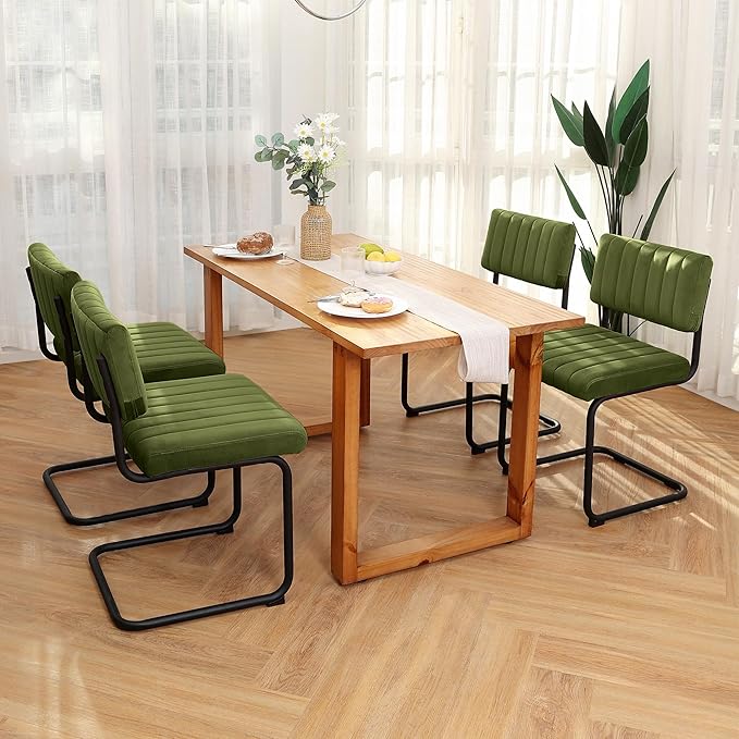 ONEVOG Velvet Dining Chairs Set of 4, Upholstered Kitchen Dining Room Chairs with Striped Open Back, Comfy Green Chair Armless, Dinner Chair for Party, Black Chrome Metal Legs - LeafyLoom