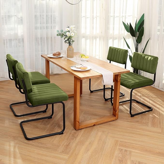 ONEVOG Green Velvet Dining Chairs Set of 2, Upholstered kitchen Dining Room Chair, Comfy Green Chair with Black Metal Legs, Cantilevered Design Chair for Bedroom, Living Room - LeafyLoom