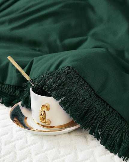 Litanika Full Size Comforter Set Emerald Green, 3 Pieces Forest Green Boho Tassel Bed Comforter Full, All Season Oversized Bedding Comforter Sets (1 Comforter 79x90 inch, 2 Pillowcases) - LeafyLoom