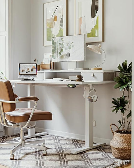 55 x 24 Inches Electric Standing Desk with 2 Storage Drawers, Stand Up Desk Adjustable Height, Sit and Stand Computer Table with Splice Board, White - LeafyLoom