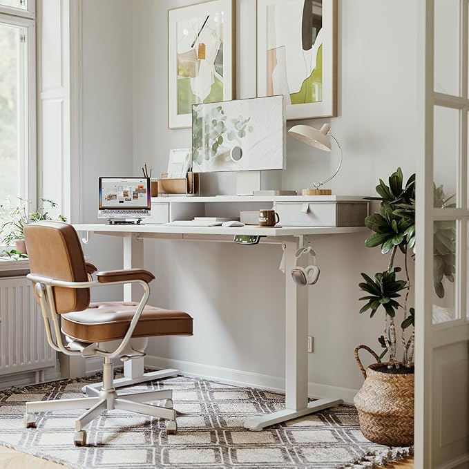 55 x 24 Inches Electric Standing Desk with 2 Storage Drawers, Stand Up Desk Adjustable Height, Sit and Stand Computer Table with Splice Board, White - LeafyLoom