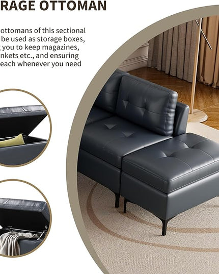 94.88" PU Leather L Shaped Sofa with Reversible Chaise Lounge, Storage Ottoman, Button Tufted Backrest&Cushion, 6-Seater Upholstered Corner Sectional Couches for Living Room Office Apartment - LeafyLoom