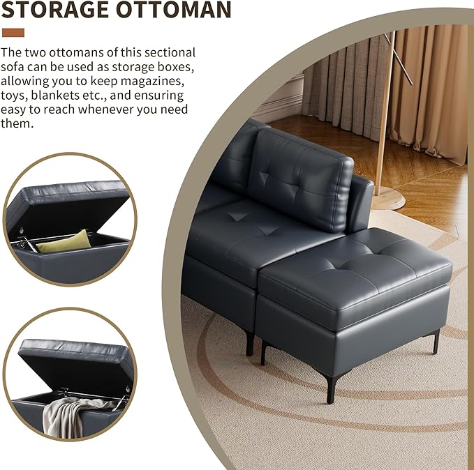94.88" PU Leather L Shaped Sofa with Reversible Chaise Lounge, Storage Ottoman, Button Tufted Backrest&Cushion, 6-Seater Upholstered Corner Sectional Couches for Living Room Office Apartment - LeafyLoom