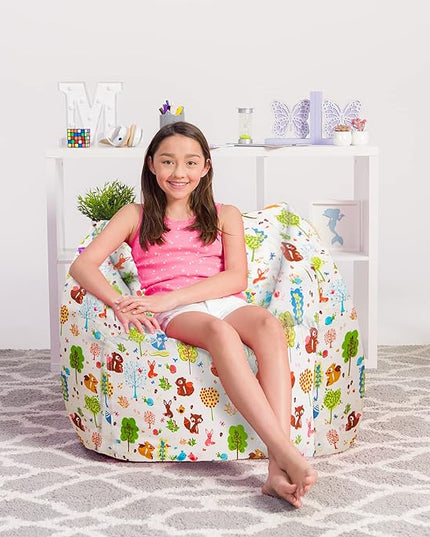 Posh Creations Structured Comfy Bean Bag Chair for Gaming, Reading, and Watching TV, Coronado Chair, Canvas - Forest Critters on White - LeafyLoom