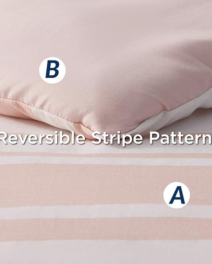 Bedsure Bed in a Bag King Size 7 Pieces, Light Pink White Striped Bedding Comforter Sets All Season Bed Set, 2 Pillow Shams, Flat Sheet, Fitted Sheet and 2 Pillowcases - LeafyLoom