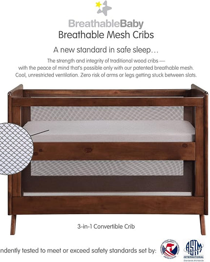 BreathableBaby Breathable Mesh 3-in-1 Convertible Crib (Toddler Bed Kit Sold Separately) — Walnut — Two Adjustable Mattress Heights — Greenguard Gold Certified - LeafyLoom