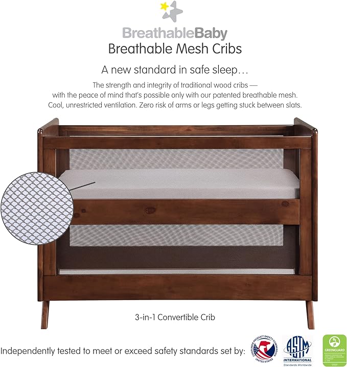 BreathableBaby Breathable Mesh 3-in-1 Convertible Crib (Toddler Bed Kit Sold Separately) — Walnut — Two Adjustable Mattress Heights — Greenguard Gold Certified - LeafyLoom