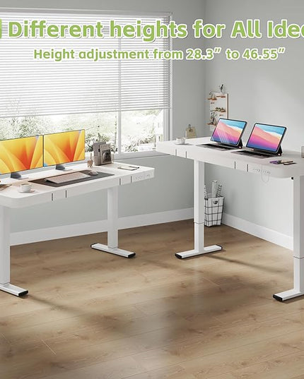 Electric Standing Desk with Drawer, 48 x 24 inches with Preassembled Top & USB Charging Ports, Height Adjustable for Home & Office, White - LeafyLoom