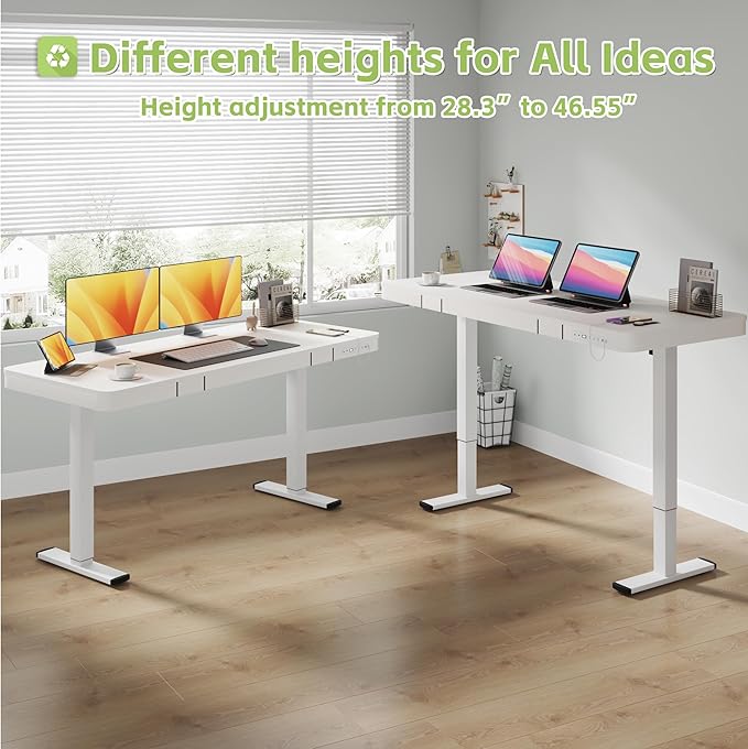 Electric Standing Desk with Drawer, 48 x 24 inches with Preassembled Top & USB Charging Ports, Height Adjustable for Home & Office, White - LeafyLoom