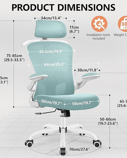 FelixKing Office Chair with Headrest, Ergonomic Desk Chair with Wheels,Hanger，Adjustable Lumbar Support Swivel Comfy Task Chair with Flip-up Armrests, Ergo Mesh Backrest (Light Blue) - LeafyLoom