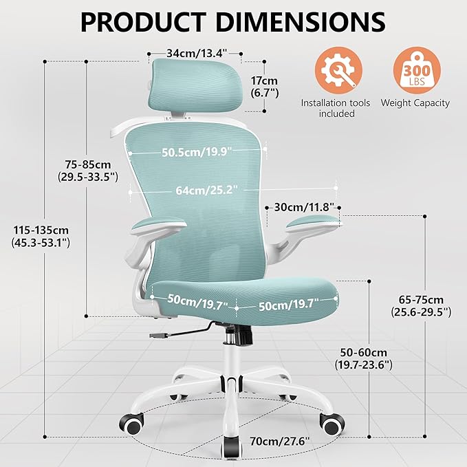 FelixKing Office Chair with Headrest, Ergonomic Desk Chair with Wheels,Hanger，Adjustable Lumbar Support Swivel Comfy Task Chair with Flip-up Armrests, Ergo Mesh Backrest (Light Blue) - LeafyLoom