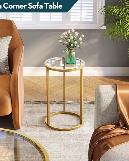 SAYGOER Round Side Table Small Gold End Table for Small Spaces Narrow Couch Night Stand Modern Bedside Table with Gold Frame for Bedroom Living Room, Easy Assembly - LeafyLoom