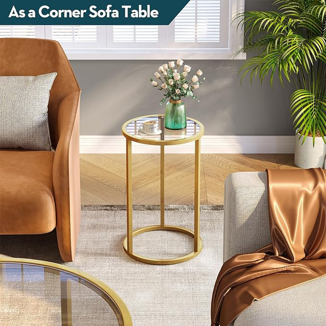 SAYGOER Round Side Table Small Gold End Table for Small Spaces Narrow Couch Night Stand Modern Bedside Table with Gold Frame for Bedroom Living Room, Easy Assembly - LeafyLoom
