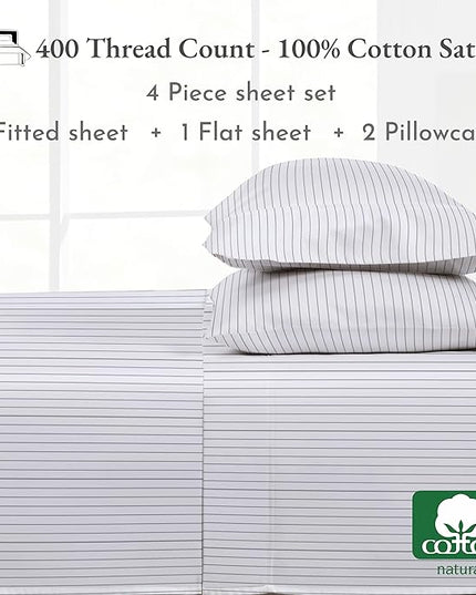 California Design Den Pinstripe Sheets Full Size Softest 100% Cotton Sheets Set, Luxury 400 Thread Count Sateen, Printed Striped Pattern (Pinstriped) - LeafyLoom
